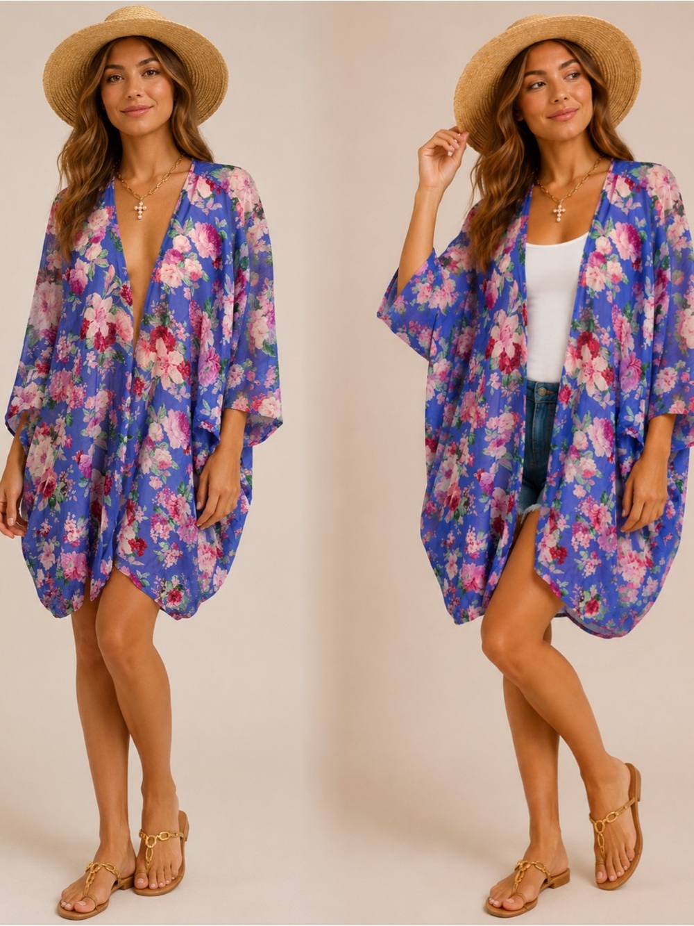 DAVI & DANI Blue Floral Lightweight Kimono Cardigan
